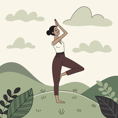 Young woman practicing yoga pose outdoors in nature with greenery  