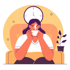 Woman enjoying a hot drink while sitting in an armchair indoors  