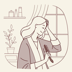 Woman brushing her hair while smiling in a cozy indoor setting  