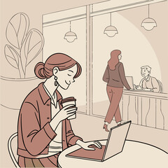 Young woman working on laptop while enjoying coffee in cafe  