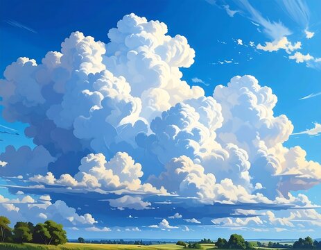 Breathtaking illustration of puffy clouds filling a bright blue sky