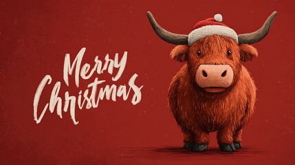 Merry Christmas illustration featuring a funny Scottish Highland cattle wearing a fluffy white-trimmed Santa hat, its long ginger fringe comically covering curious eyes, isolated on vivid red backgrou