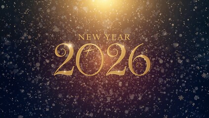 New Year 2026 Gold Typography with Falling Snow on Winter Night