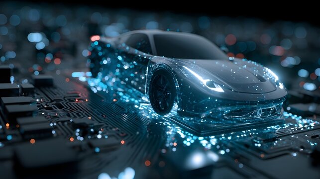 Futuristic Data Particle Car Driving on Semiconductor Circuit Board with Glowing Blue Lights