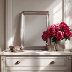 A silver-framed mirror reflects sunlight, beside a floral arrangement, atop a white dresser
