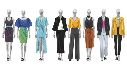 Mannequins showcasing diverse fashion styles and outfits in a minimalist setting
