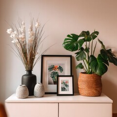 A decorative chest displays a monstera, framed botanical prints, vases, and faux floral arrangement