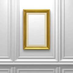 Empty gold framed picture hanging on a white paneled wall with a slight shadow