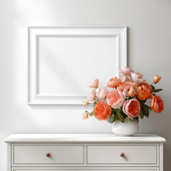 A white frame on a wall above a dresser holding a vase of colorful flowers, sunlit