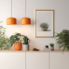 Modern interior with plants, orange lamps, gold-framed art, and a neutral color scheme