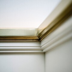 Close-up of a corner detail featuring a gold trim over white molding and a plain wall