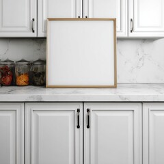 Kitchen scene with a blank framed picture, white cabinets, marble counter, and jars