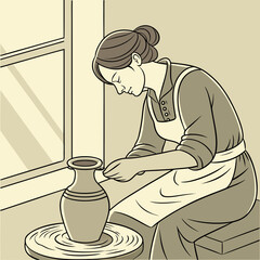 Woman shaping pottery on a wheel indoors by a large window  