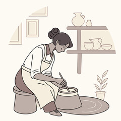 Woman sculpting pottery in minimalist studio with shelves and plants  