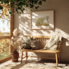A sunlit interior with a wooden bench, pillows, and a framed landscape