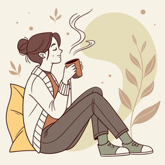 Young woman sitting with a mug of coffee, enjoying cozy atmosphere  