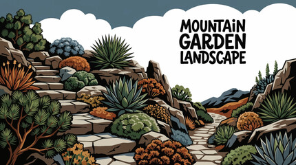 mountain garden adapted to high elevation, featuring hardy plants, rocks, and natural slopes, blending cultivated beauty with rugged alpine surroundings