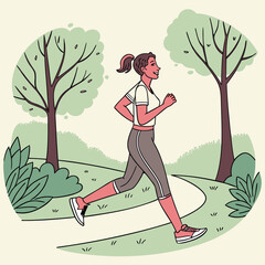 Young woman jogging along a path in a green park setting  