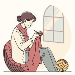 Young woman knitting while sitting in armchair by window indoors  