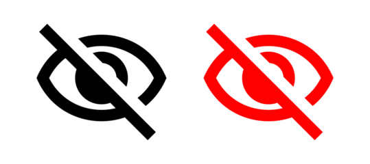 Black and red crossed out eye icons representing hidden or invisible status isolated on transparent background