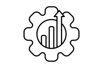 Line art icon of a gear containing a bar chart with an upward trending arrow, symbolizing business growth, process improvement, or performance optimization isolated on transparent background