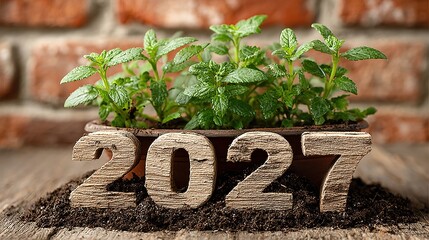 Fresh verdant seedling unfurls beside handcrafted wooden year numbers 2027 pressed into dark, crumbly garden soil, 