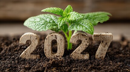 Fresh verdant seedling unfurls beside handcrafted wooden year numbers 2027 pressed into dark, crumbly garden soil, 