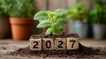 Fresh verdant seedling unfurls beside handcrafted wooden year numbers 2027 pressed into dark, crumbly garden soil, 