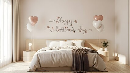 Boho style bedroom with simple heart balloons and script wall art