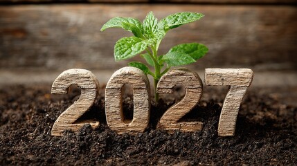 Fresh verdant seedling unfurls beside handcrafted wooden year numbers 2027 pressed into dark, crumbly garden soil, 