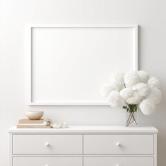 Bright interior, white frame on wall above dresser with vase of flowers and books