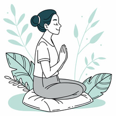 Woman meditating with hands in prayer position surrounded by plants  
