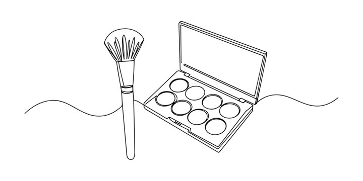 Continuous one line of a makeup brush and palette, representing beauty lifestyle, hand drawn vector illustration.