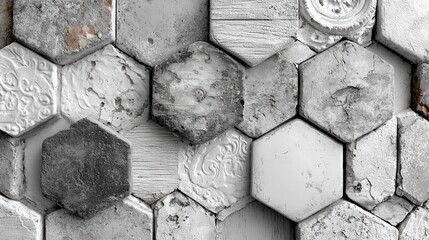 Aged gray-white worn vintage shabby damask patchwork of hexagonal cement tiles forming a timeworn stone mosaic wall,