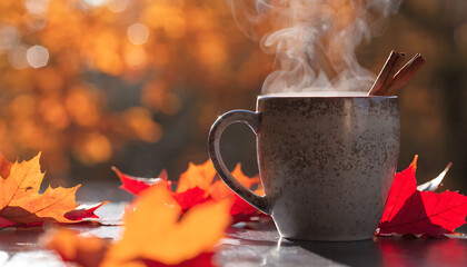 A closeup of a hot autumn beverage in a white mug steaming over a campfire with a glowing fire in the park