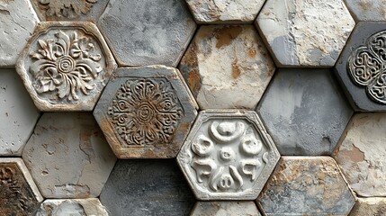 Aged gray-white worn vintage shabby damask patchwork of hexagonal cement tiles forming a timeworn stone mosaic wall,