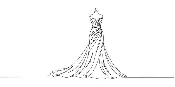 Continuous one line of a dress on a mannequin, symbolizing haute couture style, hand drawn vector illustration.