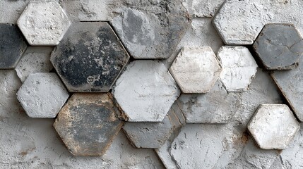 Aged gray-white worn vintage shabby damask patchwork of hexagonal cement tiles forming a timeworn stone mosaic wall,