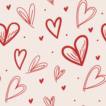 A playful seamless pattern of red hand-drawn hearts and dots on a light beige background, evoking warmth and romance.