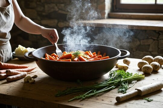 Gem&uuml;sepfanne mit Karotten, Kartoffeln und Kr&auml;utern wird in rustikaler K&uuml;che zubereitet