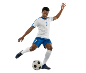 Dynamic Young African American Soccer Player Kicking Ball Isolated on White