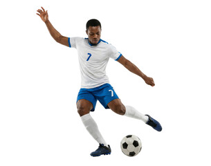 Male Soccer Player in White and Blue Uniform Kicking Football Isolated on White Background