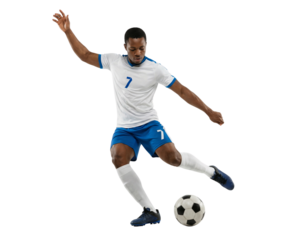 Male Soccer Player in White and Blue Uniform Kicking Football Isolated on White Background