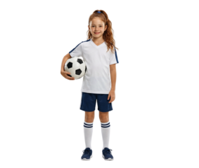 Full Length Portrait of Happy Little Girl in Soccer Uniform Holding Soccer Ball on White Background