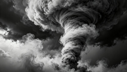Monochrome image of a powerful tornado forming in a stormy sky with swirling clouds and dramatic lighting