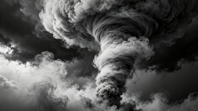 Monochrome image of a powerful tornado forming in a stormy sky with swirling clouds and dramatic lighting - Powered by Adobe