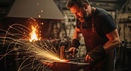 Blacksmith hammering hot metal with sparks flying.