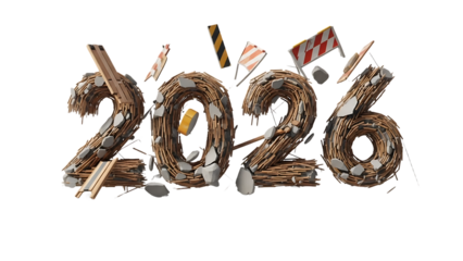 Year 2026 made of twigs, branches, and stones with construction signs and debris flying around isolated on transparent background