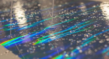 Water droplets are falling on an iridescent surface creating ripples.