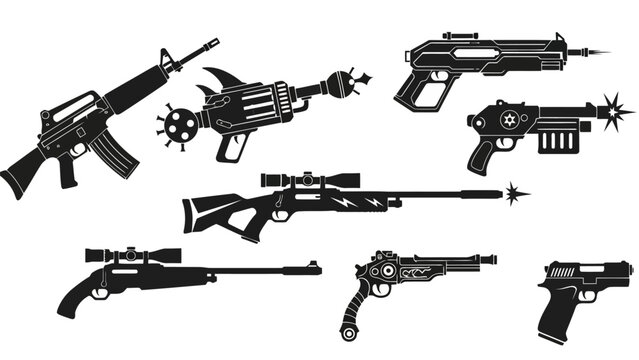 Vector weapon silhouettes set featuring modern firearms and futuristic blasters EPS10 Stock.eps